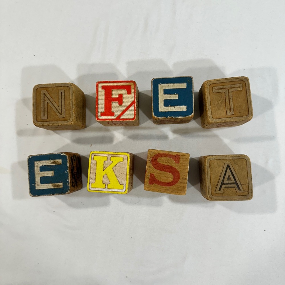 Lot 8 Vintage Wooden Alphabet Blocks Mixed ABC Letters Numbers Nursery Decor